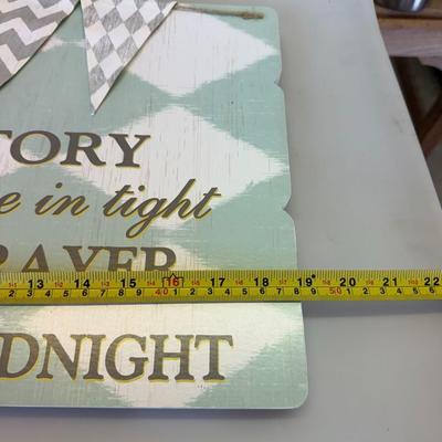 Sale Photo Thumbnail #116: Description: Charming wooden sign with pastel tones and raised bunting. Features bedtime phrase: "Read me a story, tuck me in tight..."