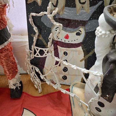 Snowman & Santa Décor Lot – Folk Art, Flags, Figurines & More! All in a lidded storage tote!