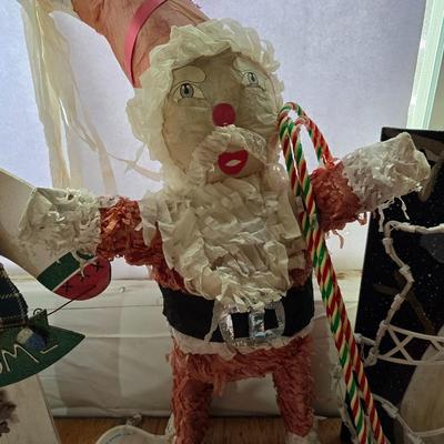Snowman & Santa Décor Lot – Folk Art, Flags, Figurines & More! All in a lidded storage tote!