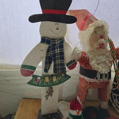 Snowman & Santa Décor Lot – Folk Art, Flags, Figurines & More! All in a lidded storage tote!