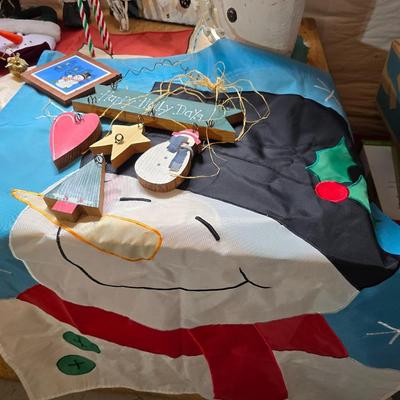 Snowman & Santa Décor Lot – Folk Art, Flags, Figurines & More! All in a lidded storage tote!