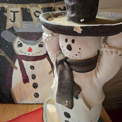 Snowman & Santa Décor Lot – Folk Art, Flags, Figurines & More! All in a lidded storage tote!