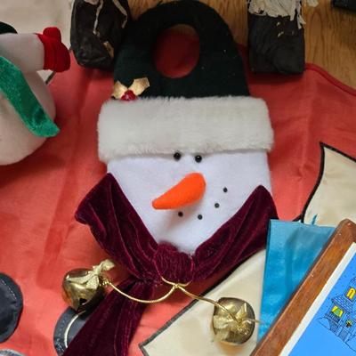 Snowman & Santa Décor Lot – Folk Art, Flags, Figurines & More! All in a lidded storage tote!