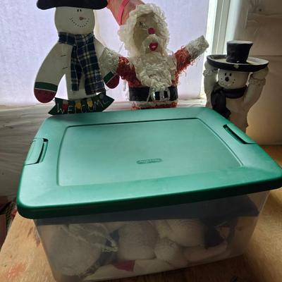 Snowman & Santa Décor Lot – Folk Art, Flags, Figurines & More! All in a lidded storage tote!