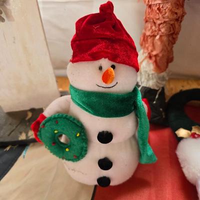 Snowman & Santa Décor Lot – Folk Art, Flags, Figurines & More! All in a lidded storage tote!