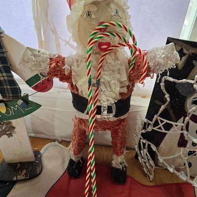 Snowman & Santa Décor Lot – Folk Art, Flags, Figurines & More! All in a lidded storage tote!