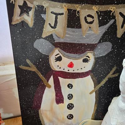 Snowman & Santa Décor Lot – Folk Art, Flags, Figurines & More! All in a lidded storage tote!