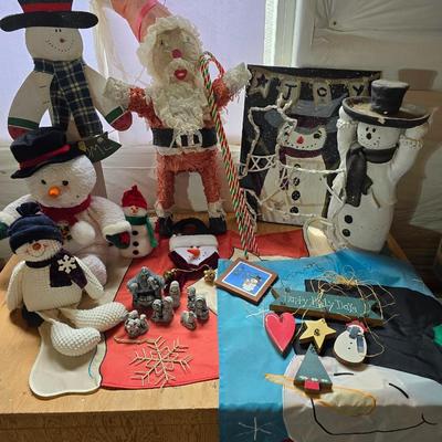 Snowman & Santa Décor Lot – Folk Art, Flags, Figurines & More! All in a lidded storage tote!