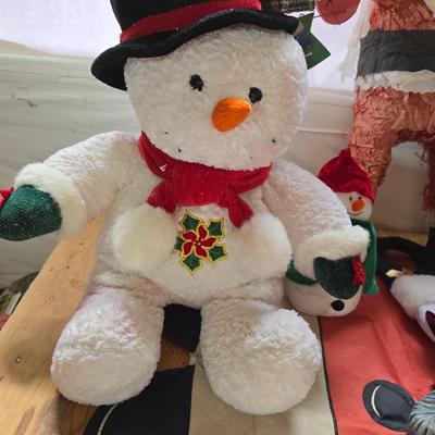Snowman & Santa Décor Lot – Folk Art, Flags, Figurines & More! All in a lidded storage tote!