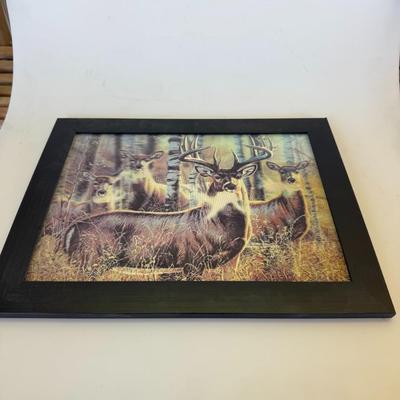 Sale Photo Thumbnail #152: Rustic framed wall art featuring a group of deer in a forest. Perfect for lodge or cabin-style decor. Ready to hang.