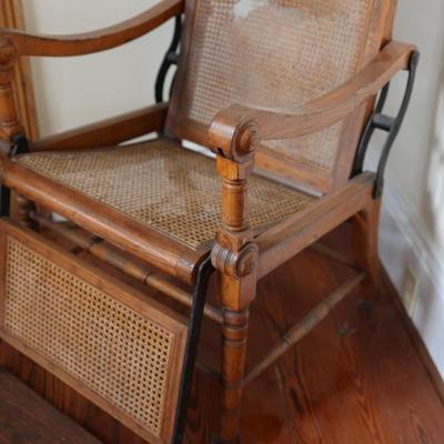 Antique Caned Oak Reclining Arm Chair (See Details)