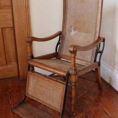 Antique Caned Oak Reclining Arm Chair (See Details)