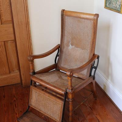 Antique Caned Oak Reclining Arm Chair (See Details)