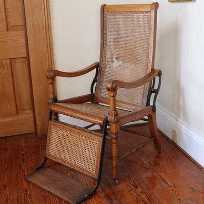Antique Caned Oak Reclining Arm Chair (See Details)