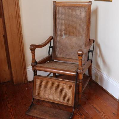 Antique Caned Oak Reclining Arm Chair (See Details)