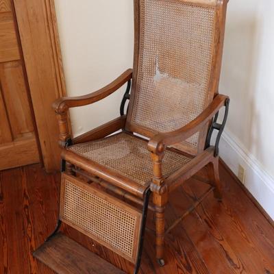 Antique Caned Oak Reclining Arm Chair (See Details)