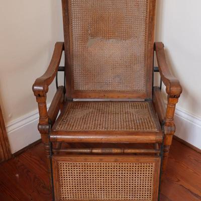 Antique Caned Oak Reclining Arm Chair (See Details)