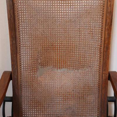 Antique Caned Oak Reclining Arm Chair (See Details)