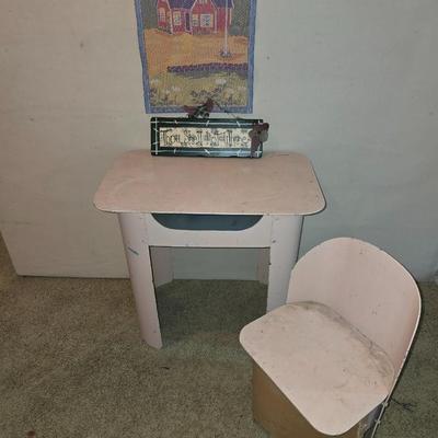 Vintage Child’s Play Desk & Chair – Painted Wood with Primitive Accents