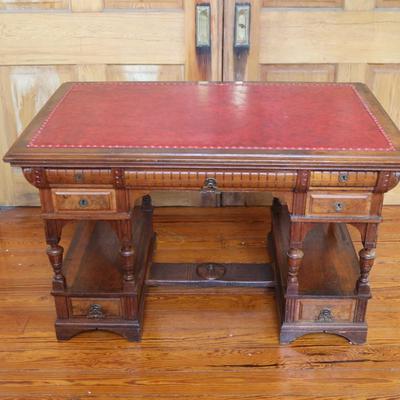 Antique Partner Desk with Red Tooled Leather Top