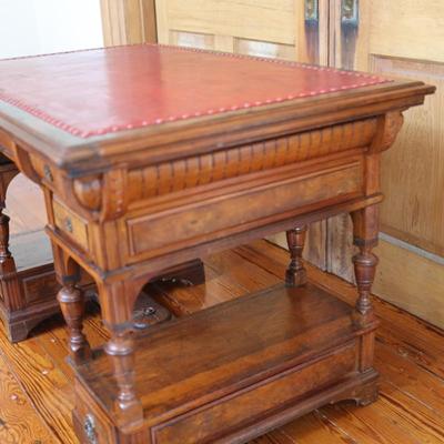 Antique Partner Desk with Red Tooled Leather Top