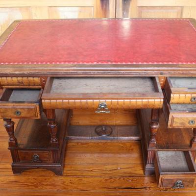 Antique Partner Desk with Red Tooled Leather Top