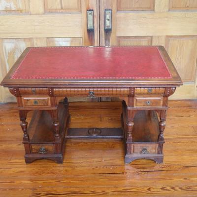 Antique Partner Desk with Red Tooled Leather Top