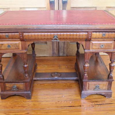 Antique Partner Desk with Red Tooled Leather Top