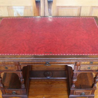 Antique Partner Desk with Red Tooled Leather Top
