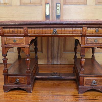 Antique Partner Desk with Red Tooled Leather Top