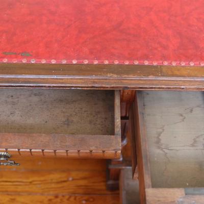 Antique Partner Desk with Red Tooled Leather Top