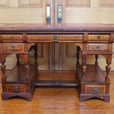 Antique Partner Desk with Red Tooled Leather Top