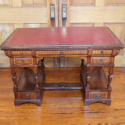 Antique Partner Desk with Red Tooled Leather Top