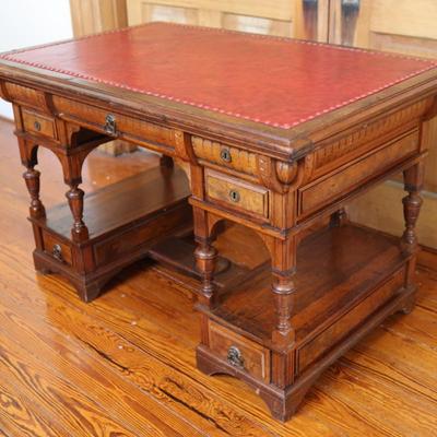 Antique Partner Desk with Red Tooled Leather Top