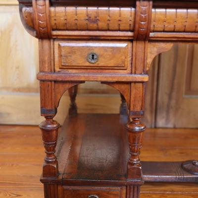 Antique Partner Desk with Red Tooled Leather Top