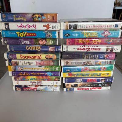 Sale Photo Thumbnail #201: Collection of vintage VHS tapes including Disney favorites like Toy Story, Pocahontas, Fantasia, Aladdin, and classics like It’s a Wonderful Life and Black Beauty. Sold as a lot.
