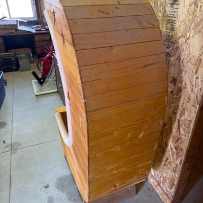 Sale Photo Thumbnail #214: Handcrafted wooden bookshelf shaped like a crescent moon with star cutouts. Whimsical and ideal for a nursery or themed room. Needs light cleaning.