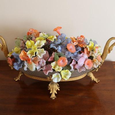 Glass Floral Arrangement in Cut Glass Bowl with Gilt Base