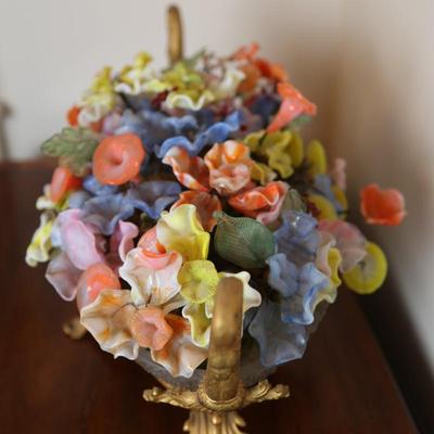 Glass Floral Arrangement in Cut Glass Bowl with Gilt Base