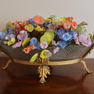 Glass Floral Arrangement in Cut Glass Bowl with Gilt Base