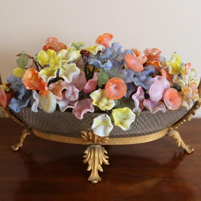 Glass Floral Arrangement in Cut Glass Bowl with Gilt Base
