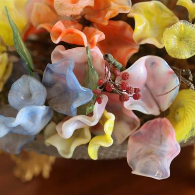 Glass Floral Arrangement in Cut Glass Bowl with Gilt Base