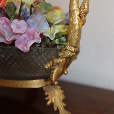 Glass Floral Arrangement in Cut Glass Bowl with Gilt Base