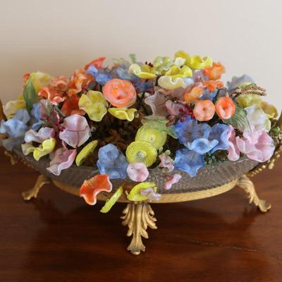 Glass Floral Arrangement in Cut Glass Bowl with Gilt Base