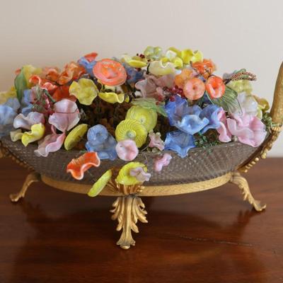 Glass Floral Arrangement in Cut Glass Bowl with Gilt Base
