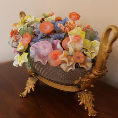 Glass Floral Arrangement in Cut Glass Bowl with Gilt Base