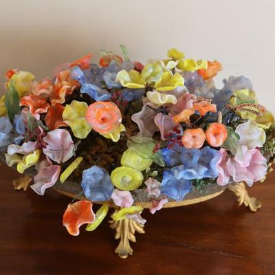 Glass Floral Arrangement in Cut Glass Bowl with Gilt Base