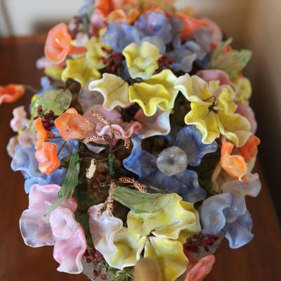 Glass Floral Arrangement in Cut Glass Bowl with Gilt Base