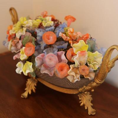 Glass Floral Arrangement in Cut Glass Bowl with Gilt Base