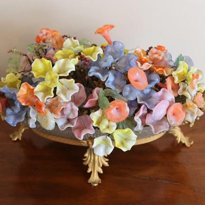 Glass Floral Arrangement in Cut Glass Bowl with Gilt Base
